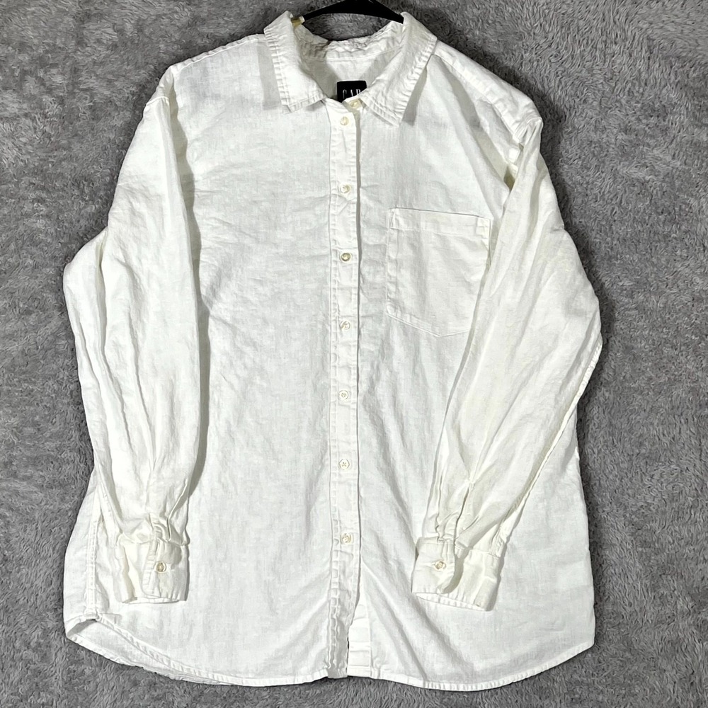 Gap Shirt Womens Large White Linen Pleated Button Up Chest Pocket Long Sleeve
